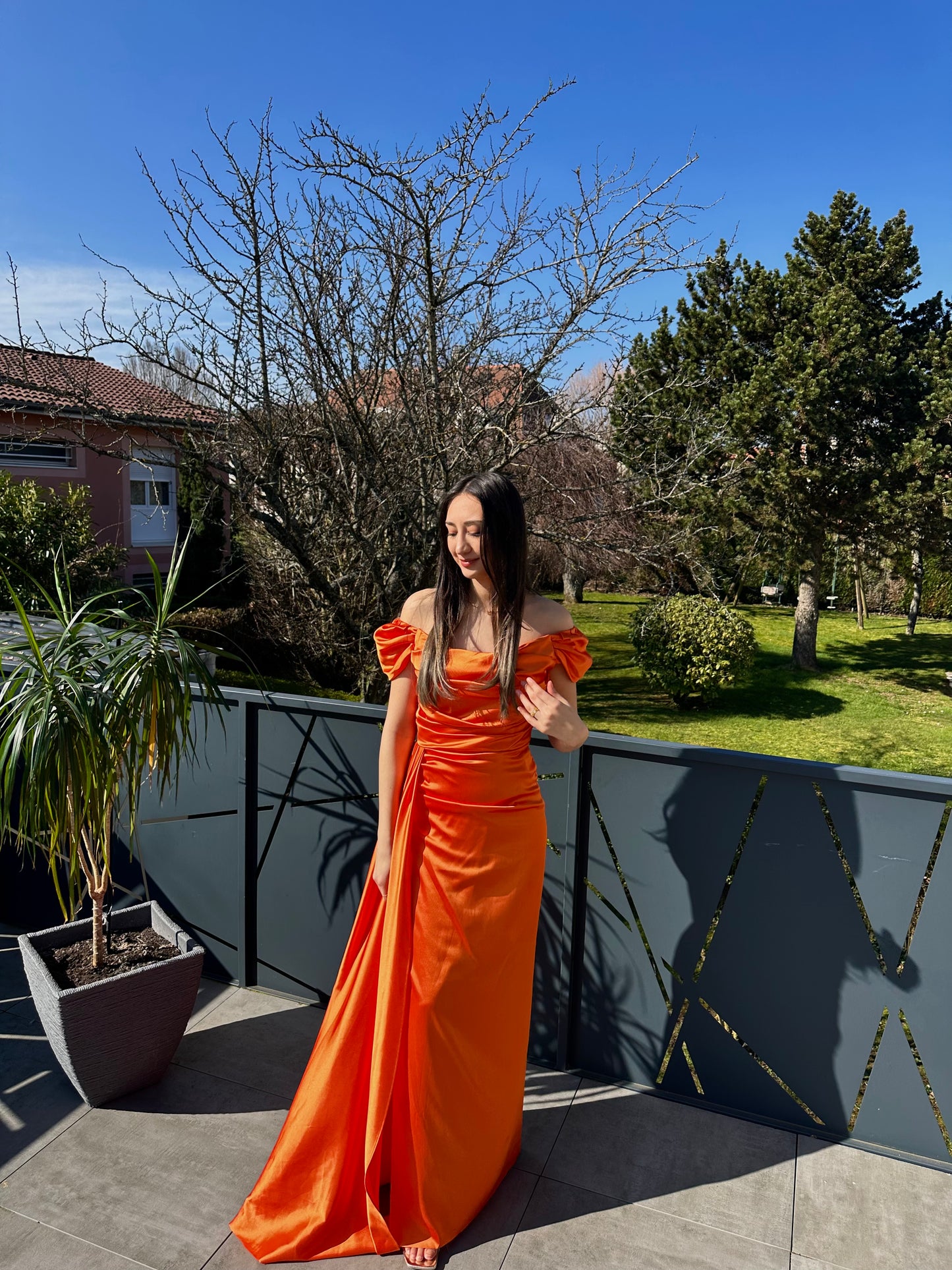 Robe longue satin orange