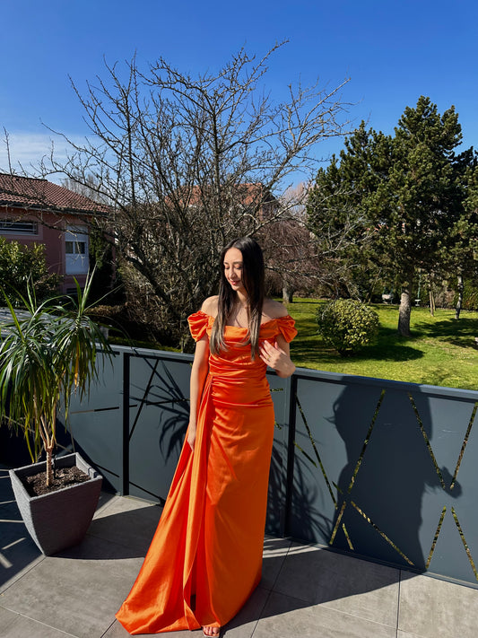 Robe longue satin orange